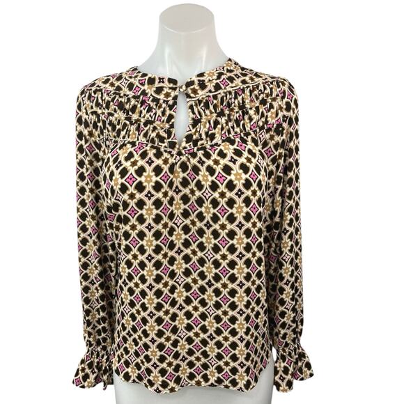 Loft Womens Multicolor Geometric Print Round Neck Long Sleeve Blouse Top Size S - Picture 1 of 6